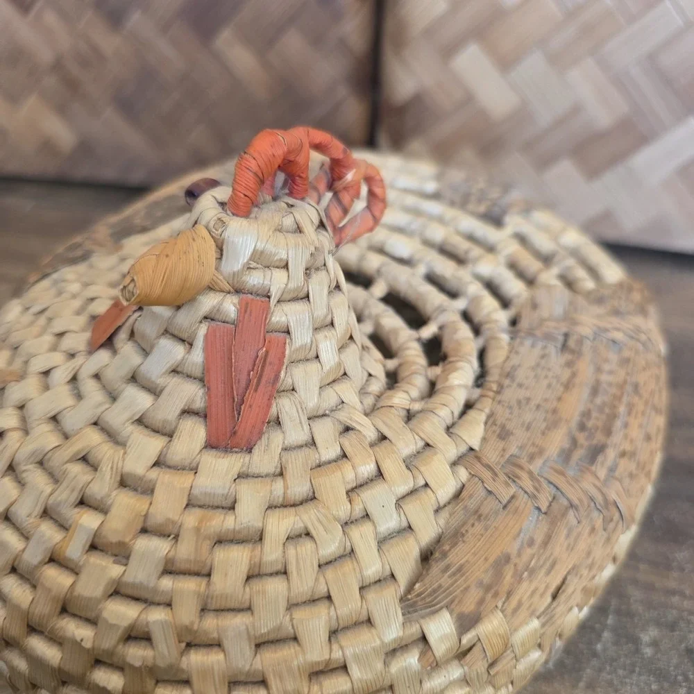 Vintage Woven Basket Chicken Rooster Wicker Unique Primitive with Lid Home Decor